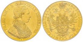 Austria, Franz Joseph, 1848-1916
4 Ducats, Vienne, 1859 A, AU 13.96 g.
Ref : Fr. 484, KM#2271.1 Conservation : PCGS AU Detail. Trou rebouché.