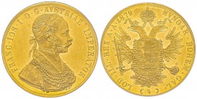 Austria, Franz Joseph, 1848-1916
4 Ducats, Vienne, 1879, AU 13.96 g.
Ref : Fr. 487, KM#2276 Conservation : PCGS AU58