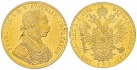 Austria, Franz Joseph, 1848-1916
4 Ducats, Vienne, 1894, AU 13.96 g. Ref : Fr. 487, KM#2276 Conservation : PCGS MS61