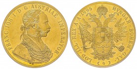 Austria, Franz Joseph, 1848-1916
4 Ducats, Vienne, 1895, AU 13.96 g. Ref : Fr. 487, KM#2276 Conservation : PCGS MS62 Proof like.