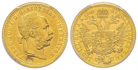 Austria, Franz Joseph, 1848-1916
Ducat, 1915, AU 3.49 g.
Ref : Fr. 494, KM#2267 Conservation : PCGS AU55.
Monnaie contremarquée avec une épée sous ...