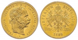 Austria, Franz Joseph, 1848-1916
8 Florins, 1886, AU 6.45 g.
Ref : Fr. 502, KM#2269 Conservation : PCGS MS61