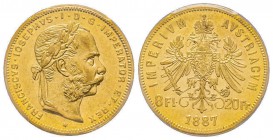 Austria, Franz Joseph, 1848-1916
8 Florins, 1887, AU 6.45 g.
Ref : Fr. 502, KM#2269 Conservation : PCGS AU58