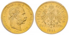Austria, Franz Joseph, 1848-1916
8 Florins, 1891, AU 6.45 g.
Ref : Fr. 502, KM#2269 Conservation : PCGS MS62