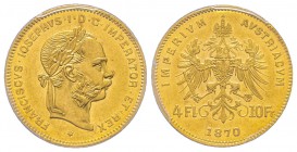 Austria, Franz Joseph, 1848-1916
4 Florins, 1870, AU 3.22 g.
Ref : Fr. 503, KM#2260 Conservation : PCGS AU55 Quantité : 7440 exemplaires. Rare
