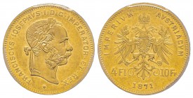 Austria, Franz Joseph, 1848-1916
4 Florins, 1871, AU 3.22 g. Ref : Fr. 503, KM#2260 Conservation : PCGS AU55. Rare Quantité : 6665 exemplaires. Rare