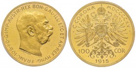 Austria, Franz Joseph, 1848-1916
100 Couronnes, 1915, Refrappe, AU 33.87 g. Ref : Fr. 507r, KM#2819 Conservation : PCGS PROOF 64 DEEP CAMEO