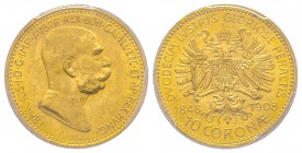 Austria, Franz Joseph, 1848-1916
10 Couronnes, 1908, AU 3.39 g. Ref : Fr. 516, KM#2810 Conservation : PCGS MS64