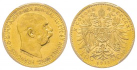 Austria, Franz Joseph, 1848-1916
10 Couronnes, 1911, AU 3.39 g. Ref : Fr. 513, KM#2816 Conservation : PCGS MS62
