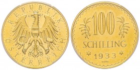 Austria, République 1918-
100 Schilling, 1933, AU 23.52 g. Ref : Fr. 520, KM#2842 Conservation : PCGS PL64. 
Quantité : 4727 exemplaires. Rare
