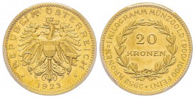 Austria, République 1918-
20 Kronen, 1923, AU 6.75 g.
Ref : Fr. 519, KM#2830 
Conservation : PCGS MS62 
Quantité : 6988 exemplaires. Rare