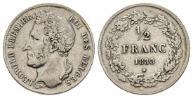Belgium, Léopold Ier 1831-1865
1/2 Franc, Bruxelles, 1833, AG 2.42 g.
Ref : Dupriez 39, KM#6 
Conservation : TTB. Rare