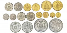 Chile,
Série de 9 monnaies en plaquées or  et argent flan bruni, 1867 et 1868, contenant 10 Pesos, 5 Pesos, 2 Pesos, 1 Peso 1868 or et 1 Peso 1868, 5...
