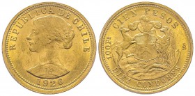 Chile, 100 Pesos, Santiago, 1926 S, AU 20.33 g. 900‰ Ref : Fr. 54, KM#170 Conservation : PCGS MS63