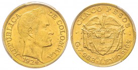 Colombia, 5 Pesos, Bogota, 1924, AU 7.98 g.
Ref : Fr. 113, KM#201.1, Restrepo 454.21 (B Lt of Center) Conservation : PCGS MS62