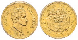 Colombia, 5 Pesos, Medellin, 1930, AU 7.98 g.
Ref : Fr. 115, KM#201.1, Restrepo 455.9 
Conservation : PCGS MS64