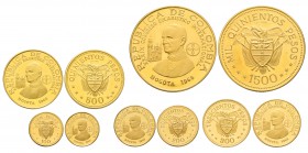 Colombia, Coffret de 5 monnaies en or 1968 de 1500, 500, 300, 200 et 100 pesos, AU 111.88 g. 900‰ 
Ref : Fr. 117 à 121 
Conservation : PROOF. Livrée...