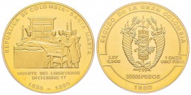 Colombia, 30000 Pesos, 1980, Mort de Bolivar, AU 34.58 g. 900‰
Ref : Fr. 141, KM#269 Conservation : PCGS PROOF 65 DEEP CAMEO Quantité : 500 exemplair...
