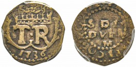 Corsica (Kingdom of), Théodore de Neuhof 1736
2 et 1/2 soldi, Orezza, 1736, Cu 1.65 g.
Ref : G.1, KM C#1 Conservation : PCGS XF40. Très Rare