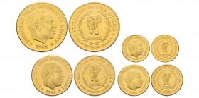 Ivory Coast, 
Coffret contenant 4 monnaies en or de 100, 50, 25 et 10 Francs, 1966, AU 52.2 g. 900‰ 
Ref : Fr. 1-2-3-4 Conservation : FDC, livrées d...