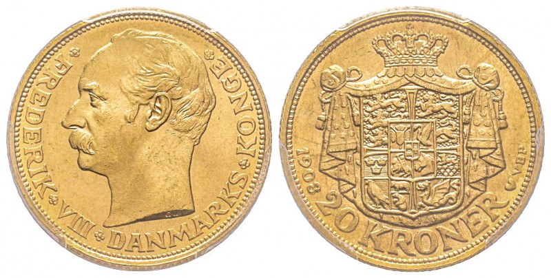 Danemark, Frederik VIII 1906-1912
20 Kroner, 1908 VBP, AU 8.96 g.
Ref : Fr. 29...