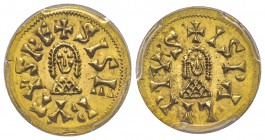 Visigoths, Sisebut 612-621
Tremissis, Ispalis (Sevilla), AU 1.46 g.
Ref : CNV 220 Conservation : PCGS MS64