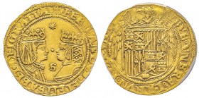 Spain, Ferdinand & Isabella 1474-1504
Doble Excelente, Seville, AU 6.99 g.
Ref : Cal. 69, Fr. 129 Conservation : PCGS AU55