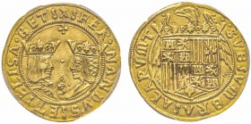 Spain, Ferdinand & Isabella 1474-1504
Doble Excelente, Seville, AU 7.02 g.
Ref : Cal. 73, Fr. 129 Conservation : PCGS MS63