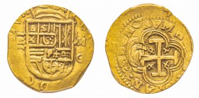Spain, Felipe II 1556-1598
4 Escudos, Granada, (1593 M), AU 13.46 g.
Ref : Cal. 3, TAU. 3 Conservation : PCGS AU55. Rarissime
