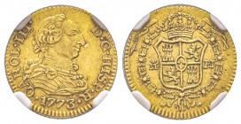 Spain, Carlos III 1759-1788
1/2 Escudo, 1773 M PJ, AU 1.69 g.
Ref : Cal. 767, Fr. 290 Conservation : NGC MS62