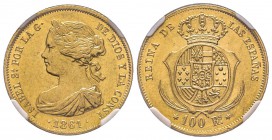 Spain, Isabel II 1833-1868
100 Reales, 1861, AU 8.35 g.
Ref : Cal. 26, Fr. 331 Conservation : NGC MS63