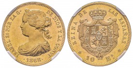 Spain, Isabel II 1833-1868
10 Escudos, 1868 (68), AU 8.35 g.
Ref : Cal. 47, Fr. 336 Conservation : NGC MS63