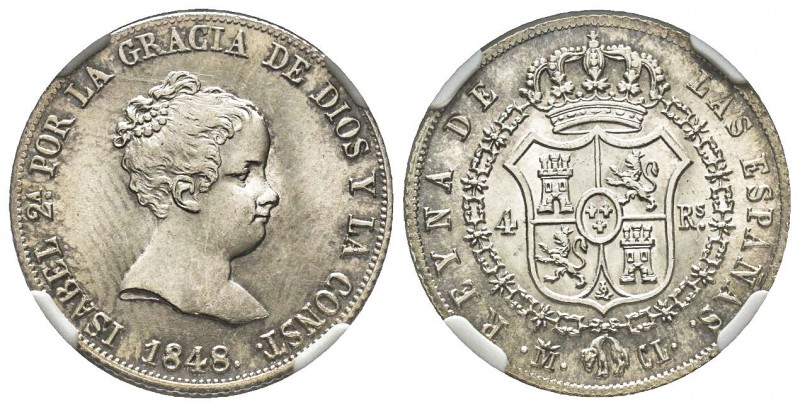 Spain, Isabel II 1833-1868
4 Reales, 1848 M CL, AG 5.22 g.
Ref : Cal. 295 Cons...