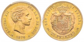 Spain, Alfonso XII 1874-1885
25 Pesetas, 1876 DE M (1962), AU 8.07 g.
Ref : Fr. 342r, KM#673 Conservation : PCGS MS67