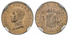 Spain, Alfonso XIII 1886-1931
1 centime, Madrid, 1911 (1) PCV, Cuivre 
Ref : KM#732 Conservation : NGC MS64 RD