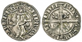 Provence, Jeanne de Naples 1343-1382
Gros, Cuneo, AG 1.39 g.
Avers : I IHR ET SICL REG La reine de Naples trônant de face sur deux lions, tenant un ...