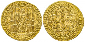 Philippe VI
Chaise d’or, AU 4.71 g.
Avers : + PhILIPPVS DЄI GRA FRAИChORVM REX Le Roi assis sur un trône gothique, tenant le sceptre et un lis, dans...