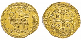 Jean II le Bon 1350-1364
Mouton d’or, émission du 17 janvier 1355, AU 4.69 g.
Avers : AGN DEI QVI TOLL PCCA MVDI MISERERE NOB Agneau pascal à gauche...