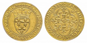 Charles VI 1380-1422
Ecu d’or à la couronne, 1388, Sainte-Menehould, AU 3.89 g.
Ref : Dup. 369A, Fr. 291 Conservation : PCGS MS61