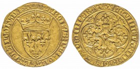 Charles VI 1380-1422
Ecu d’or à la couronne, 1ère émission, Lyon ?, 1385, AU 4 g.
Ref : Dup. 369, Fr. 291 Conservation : PCGS MS62