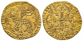 Charles VI 1380-1422
Agnel d’or, 2ème émission, 21 Octobre 1417, AU 2.54 g.
Avers : Agneau pascal à gauche, la tête tournée à droite, devant une cro...