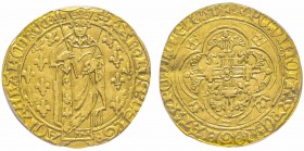 Charles VII 1422-1461
Royal d’or, Tours, 2e émission, 1431, AU 3.78 g.
Avers : Le roi debout de face, vêtu d’une robe et d’un manteau fleurdelisé, t...
