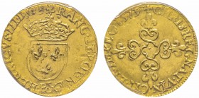 Henri III 1574-1589 Roi de France et de Pologne
Écu d’or, Rouen, 1579 B, AU 3.38 g.
Ref : Dup.1121A, Fr. 386, Sb. 4932 Conservation : NGC MS62. Rare...
