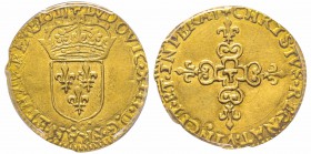 Louis XIII 1610-1643
Ecu d’or, Nantes, 1617 T, AU 3.32 g. Ref : G.55 (R3), Fr. 398 Conservation : PCGS MS62. Très Rare