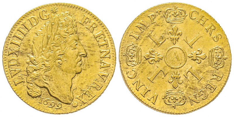 Louis XIV 1643-1715
Double Louis d’or aux 4 L, flan neuf, Paris, 1699 A, AU 13....