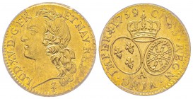 Louis XV 1715-1774
Louis d’or au bandeau, Paris, 1759 A (9 sur 8), AU 8.15 g. Ref : G.341 (R), Fr. 464 Conservation : PCGS MS63. Rare