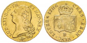 Louis XVI, 1774-1793
Double Louis d’or à la tête nue, Lyon, 1786 D, AU 15.3 g.
Ref : G.363, Fr. 474 Conservation : Superbe