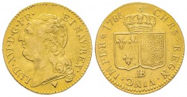 Louis XVI, 1774-1793
Louis d’or à la tête nue dit à la corne, Strasbourg, 1786 BB, AU 7.59 g.
Ref : G.361, Fr. 475 Conservation : Superbe Des Louis ...
