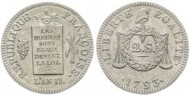 Convention 1792-1795
Epreuve de deux sols aux balances, 1793, sans lettre d’atelier, Étain 18.95 g. Ref : G.31 Conservation : FDC. Très Rare
