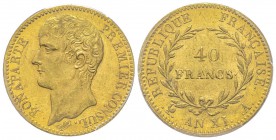 Premier Consul 1799-1804
40 Francs, Paris, AN XI A, AU 12.9 g.
Ref : G.1080, Fr. 479 Conservation : PCGS MS61 Sans olive